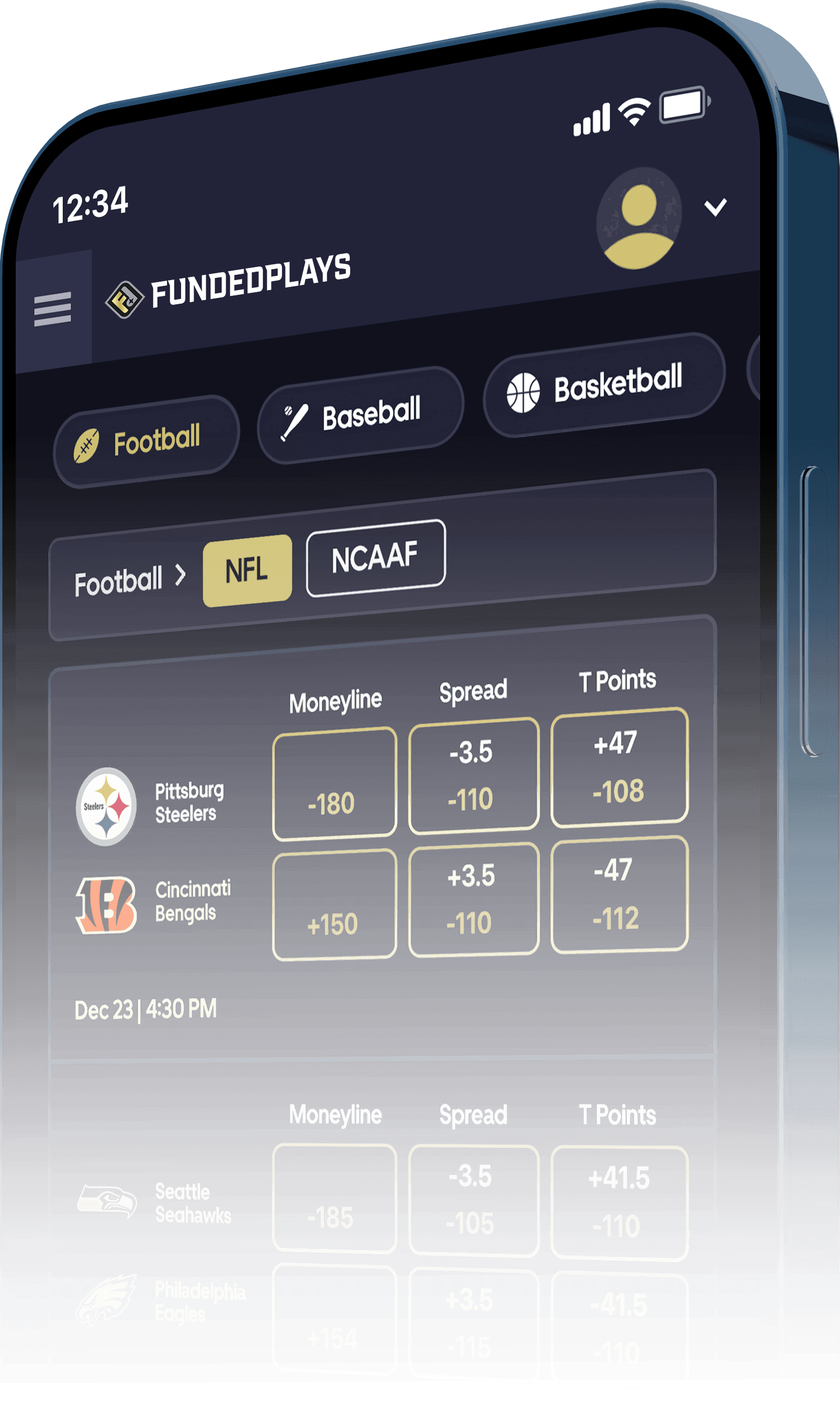 FundedPlays sports trading challenge dashboard on mobile